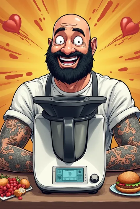 Créer une affiche publicitaire style dessin animé montrant un homme joyeux chauve avec une barbe noir et des tatouages entrain de vendre un Thermomix TM6