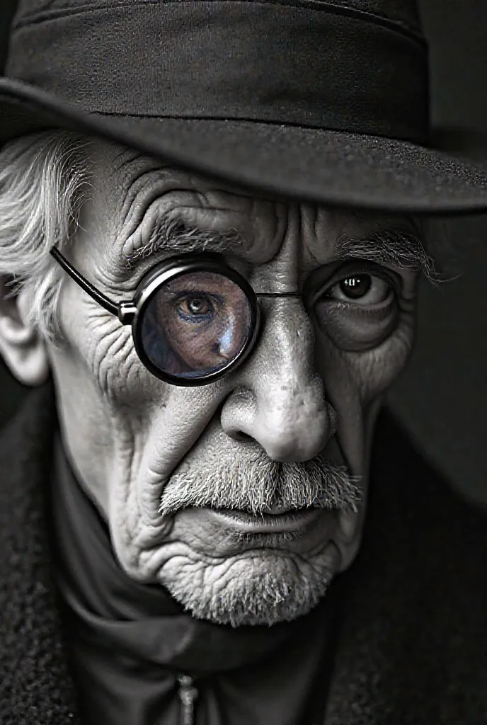 A black and white image showing an old man with a monocle looking straight ahead, and that the monocle has reflected the image of a poor girl 