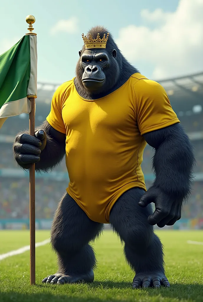  gorilla wearing yellow t-shirt, with black sleeves and crown, on a soccer field and holding the green, white and green flag with horizontal stripes 