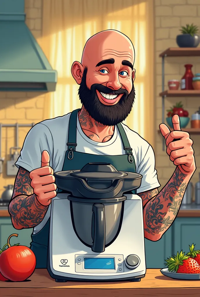 Créer une affiche publicitaire style dessin animé montrant un jeune homme souriant  chauve avec une barbe noir foncée et des tatouages entrain de vendre un Thermomix TM6