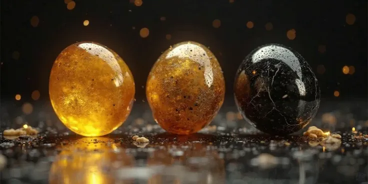 A stunning, hyper-realistic 4K cinematic image showcasing three exquisite materials side by side: pure gold, bdellium, and onyx stone. The gold has a smooth, reflective surface, radiating a rich, warm glow under soft, directional lighting. The bdellium app...