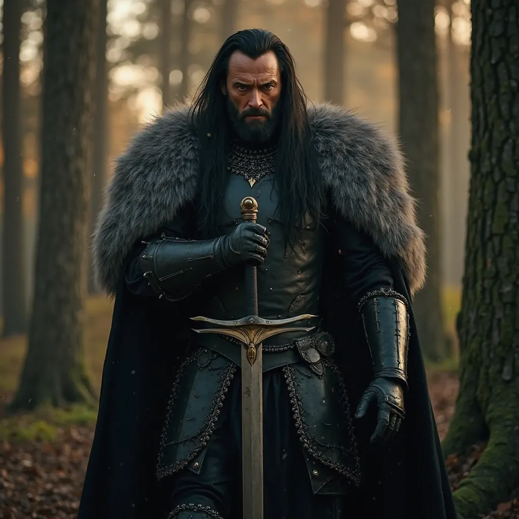 Hugh Jackman as very tall extremely muscular yet very heavy set and fearless 45 years old man with extremely long smooth and messy black hair that covers his back and shoulders, con occhi rossi luminosi, dressed as a heavily and fancy armored fierce mediev...