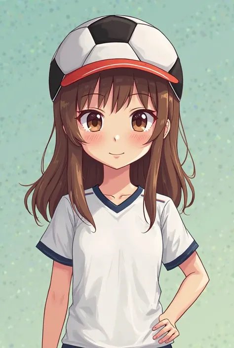 Create a cartoon mode image of a pretty girl with long brown hair, Short but not so much, beautiful smile, Wearing a white soccer uniform, And make her look pretty. With a soccer ball making a hat to another