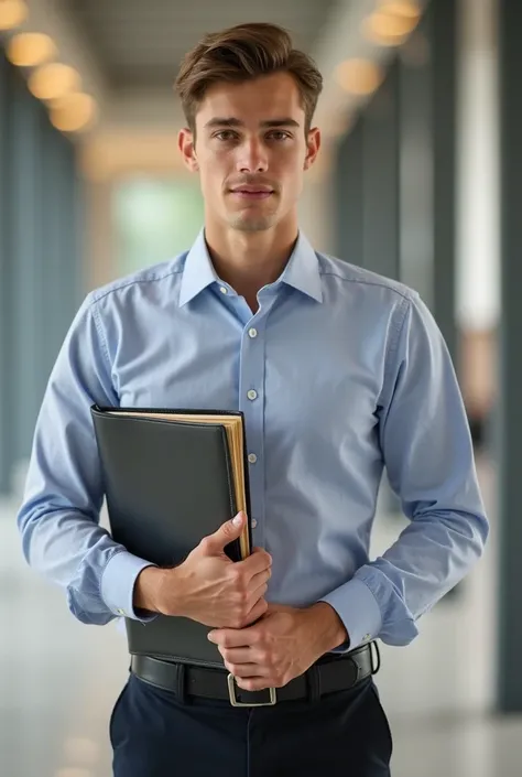 A student of European appearance with an a4-size folder in his hands