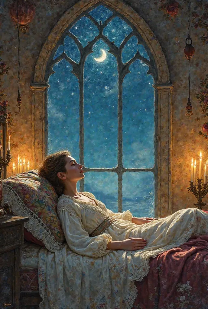 A light fantasy painting of a wizard laying in bed and watching the night sky