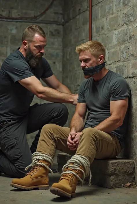 A nordic man with trimmed beard and short hair dressing black riding boots, cargo pants and t-shirt has tied up a blond man wearing light brown Timberland boots, collar pants and t-shirt and with bristle from his limbs with rope. The blond man is sitting t...