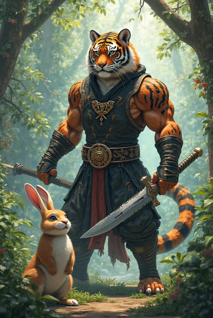 Animated Assassin King Tiger holding Guandao sword with "TMNB" on his Chest. jungle backround with Cute Huge rabbit looking at him.