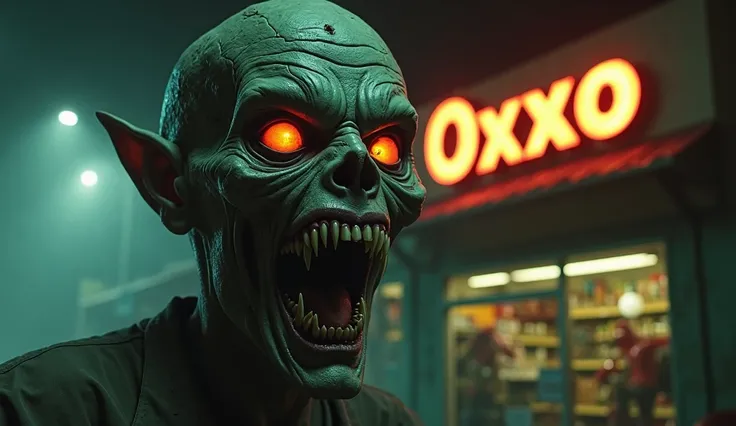 Create a hyper-realistic and visually intense image that captures a chilling and dramatic moment of terror. The focus is on a sinister, horrifying face, illuminated by the cold, harsh light of a neon sign. The face is gaunt and pale, with deep-set, hollow ...