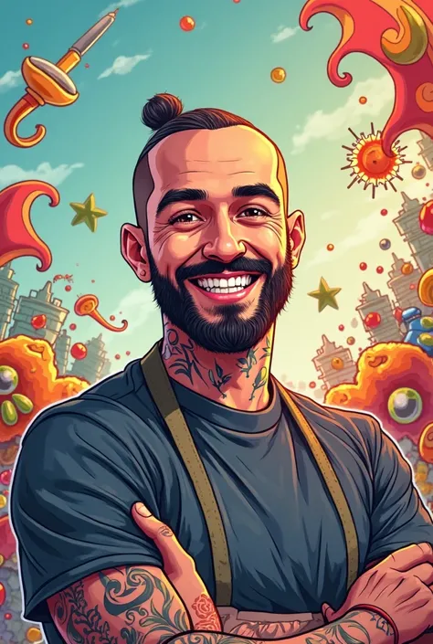 Créer une affiche publicitaire style dessin animé montrant un jeune homme souriant  chauve avec une fine barbe noir foncée et des tatouages entrain de vendre un Thermomix TM6