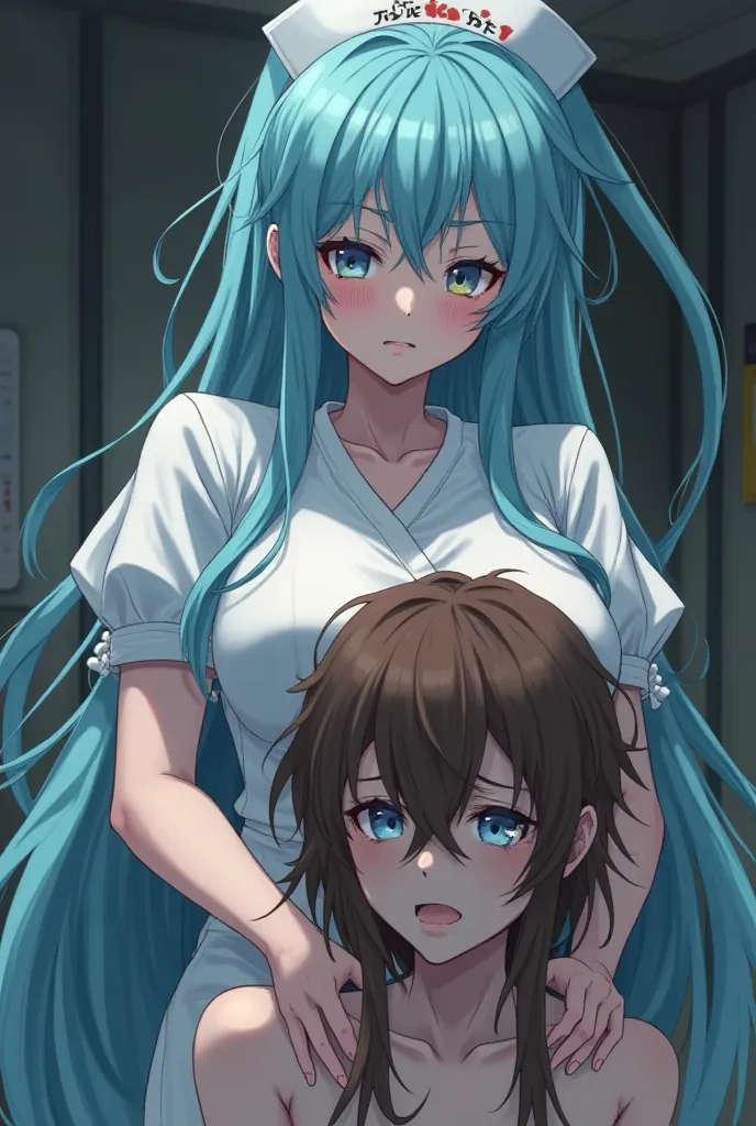 anime obese evil psychopathic nurse girl with long sky blue waterfall hair operating on  scared emaciated young adult boyfriend thick rounded long brown rough hair going down the neck ahoge on the back of head 