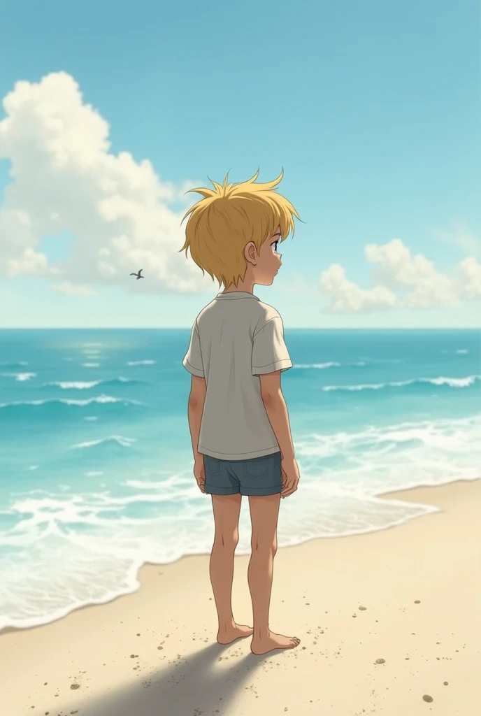 A  boy with a weight of 50 has his back on the screen. His butt is in the middle of a snow-white color. His hair is blonde. The place is on the beach  