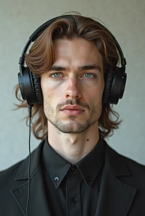 Full image of a tall man, pale white skin, blue left eye, hazel right eye, caramel brown hair, mole on his left smile, standing in earphones.