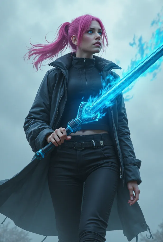 A woman with pink hair ponytail, blue eyes looks at the sky. Dressed in a black raincoat, black pants and boots. An ethereal semi-transparent blue sword sticks out from the girl's chest