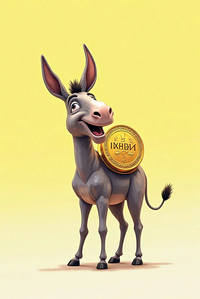 
"Draw a donkey (donkey), standing on all four legs,  as usual . There should be a large coin on its back with the inscription ISHAKcoin. The donkey should be smiling or laughing, to convey a sense of confidence and positive energy. The background should b...