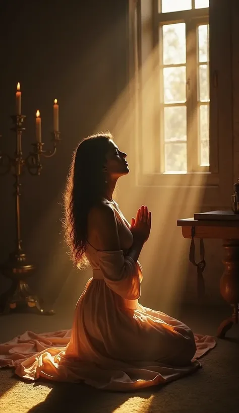 A woman kneeling in a quiet room, illuminated only by the soft light of a candle and the moonlight rays coming through the window.  your eyes are closed, Hands joined in prayer, and her face reflects a deep serenity and an intense connection with the divin...