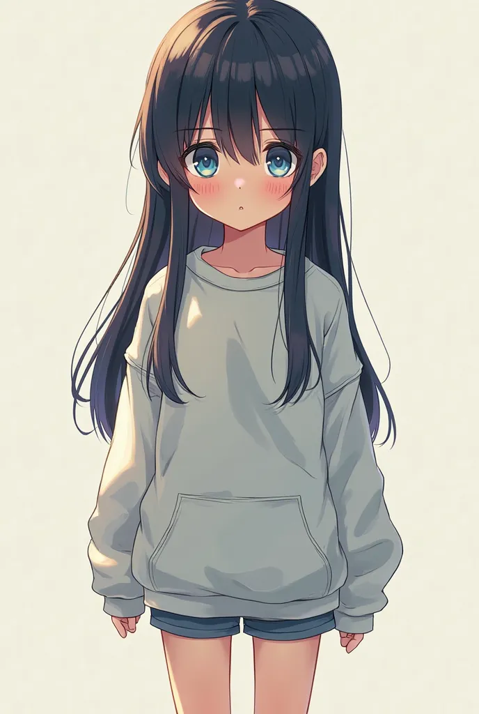 Create a girl with a big sweatshirt, shorts curto,  blue eyes, Black hair and she's shy. Leave it in anime style.