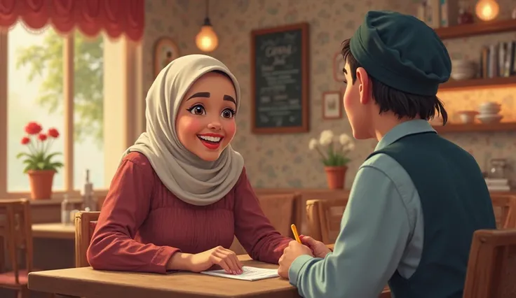 A hijabi woman at a restaurant ordering cheerfully food, and the waiter writes her order. The restaurant is sweet.