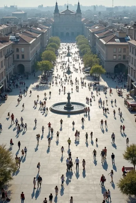 Imagine a wide square, of light gray pavement, surrounded by multi-story buildings. in the center, a group of people have gathered, and are distributed in a relatively orderly manner. You could see of them walking from one side to the other, while others a...