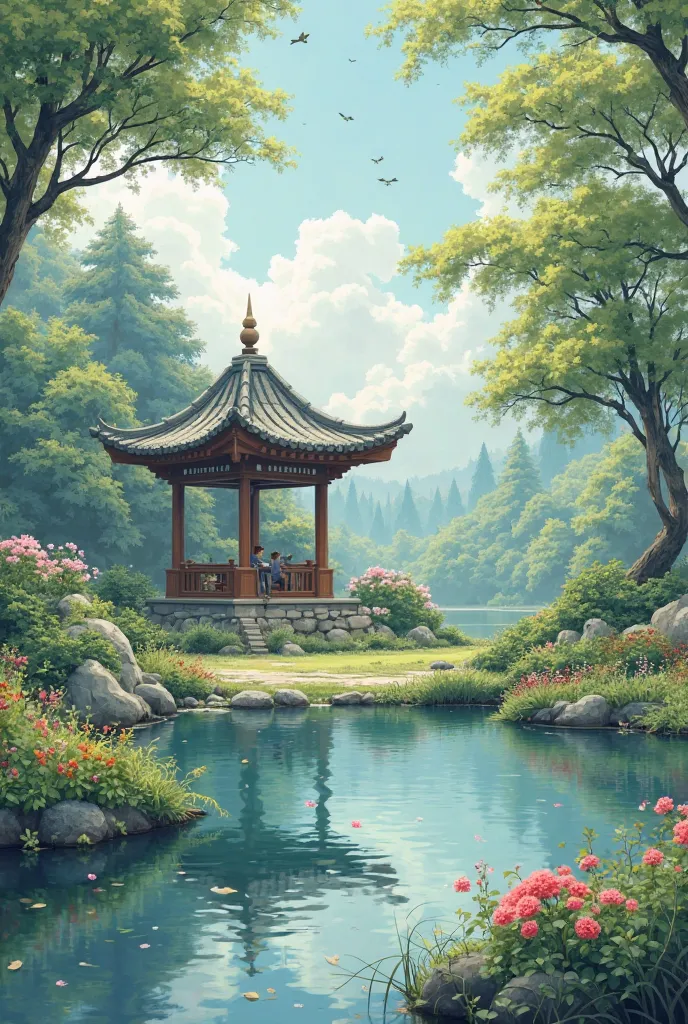 It was a quaint and tranquil spot, with a small pavilion and a pond. The sounds of cicadas and the fragrance of the blossoms filled the air