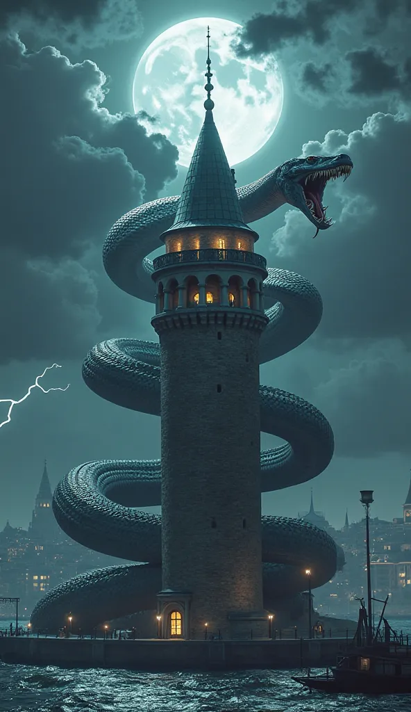 A mystical scene of the Galata Tower in Istanbul, wrapped by a giant, fearsome snake. The snake coils tightly around the tower, its scales glistening under the moonlight. Its mouth is wide open, roaring like a beast, with sharp fangs and a forked tongue. T...