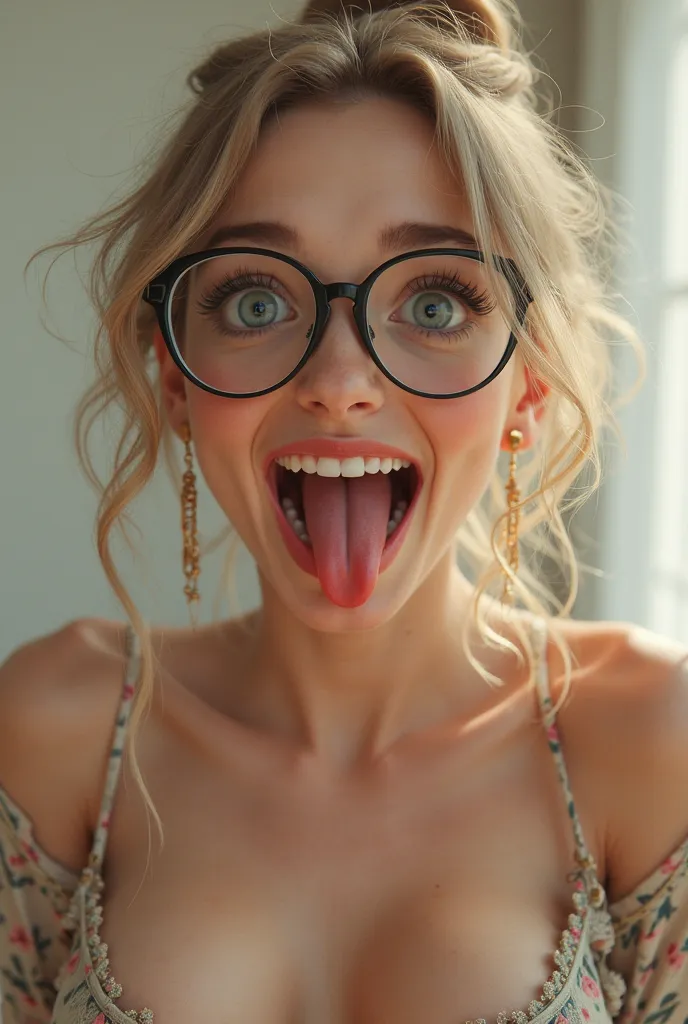 A white blonde girl with glasses sticking out her tongue and rolling her eyes back with boobs out

