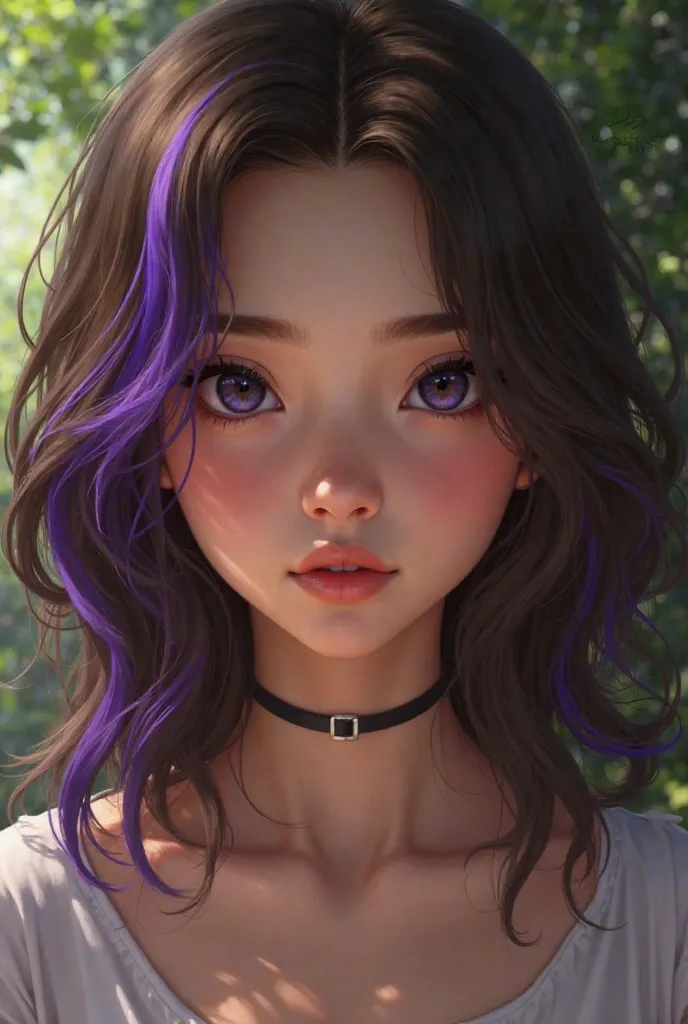 A very young teenage girl, Who has brown hair,  Wavy , with a purple wick in a very realistic style