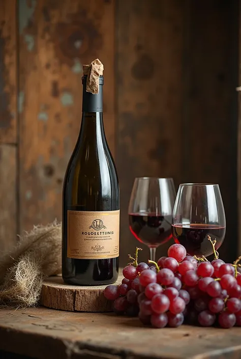 "A handmade bottle of wine on a rustic wooden table, accompanied by full glasses and a bunch of grapes next to,  with cozy lighting ."

