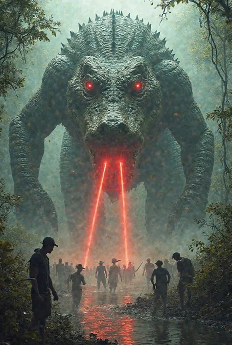 Giant alligator aliens invading Earth's swamp people with laser beams red shooting from their eyes