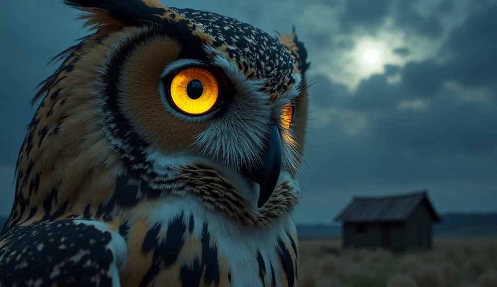 A hyperrealistic cinematic close-up of the owl’s piercing golden eyes, set against the backdrop of a midnight sky laced with restless clouds. The reflection of the fragile shack flickers within its gaze, as if the bird already knows the fate that awaits in...