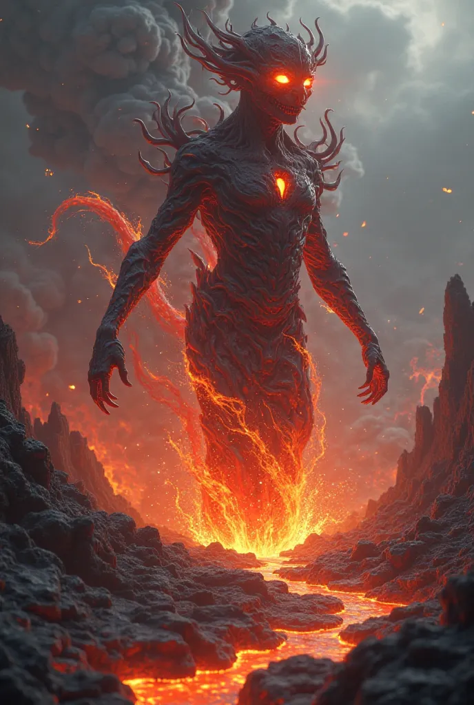 A lava creature, with distorted and flickering shapes, rising from the cracks of the Earth, her eyes burning as she awakens again.