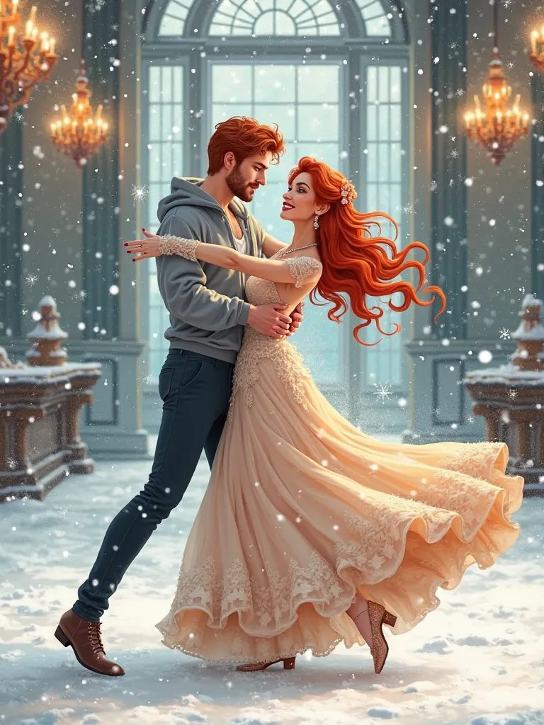 A red-haired handsome man in a gray hoodie dances with a redhead girl at a winter ball
line art
