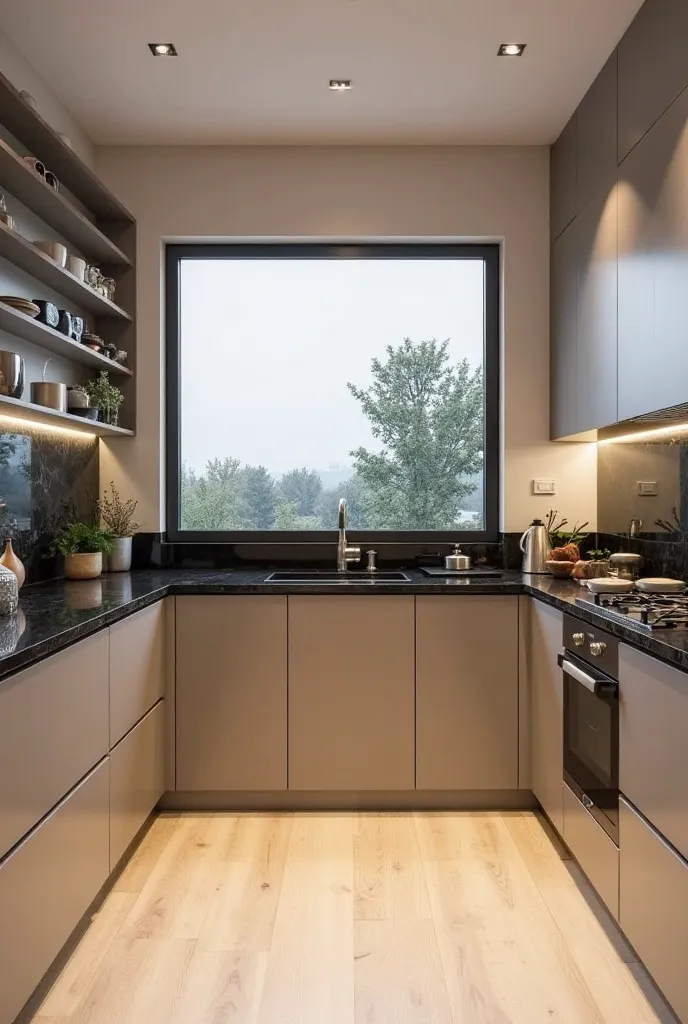 Kitchen design inside 3.66 meters length room in 3.29 meters wide. Furniture is dark beige, HPL material. Black marble on counter top. Flooring is HDF light beige. There is a big window on top of sink, in the middle of the wall.