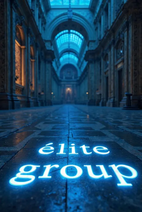 A background of an 18th century palace with the text " ÉLITE group " illuminated on the ground, with a blue backlight. 