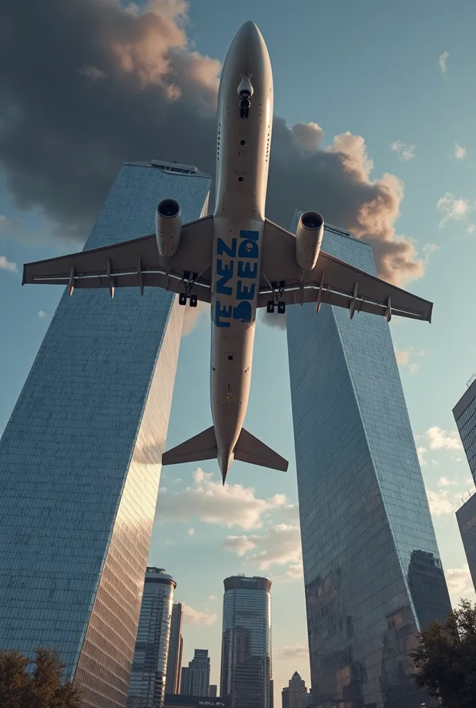 Create two buildings that look identical to twin towers and a massive plane coming towards them to crash into them and on the plane is huge sign that says "Zener BOOM" in bold dark blue color. Make this image from the perspective of someone who is watching...