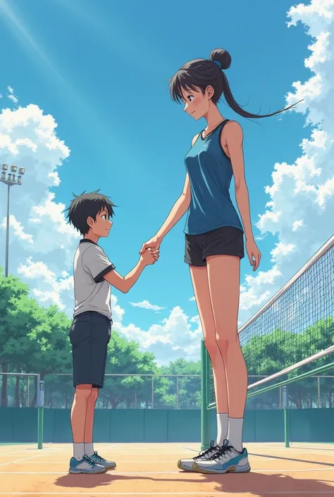 a very tall japanese female voleyball player, in a volleyball court near the neat, handing shake to a shorter man, she look's down to him in anime style