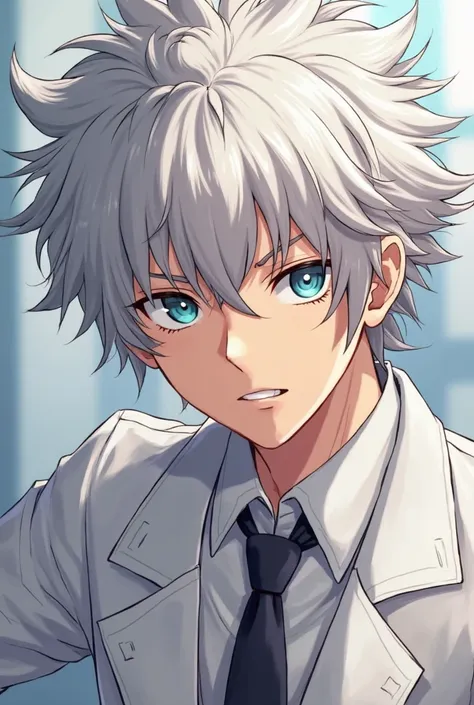 a close up of a person wearing a white coat and a tie, Nagito Komaeda, hajime yatate, Nagito Komaeda from Danganronpa, faixa murata yoshitaka amano,  official art , A crazy old man with silver hair , cute anime pose, neferpitou,  detailed anime character a...