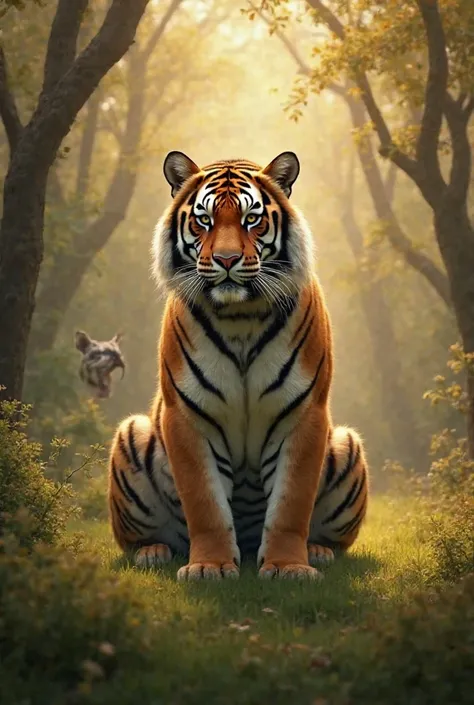 The fierce tiger sat on his back legs amid the dense forest, the short grass and the yellow colors around the place with a small light and a digital image 