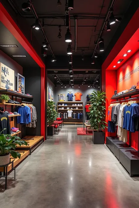 Generate an image of a 144 m² room for the brand Under Armour, with a well-defined distribution. The entrance must be large and bright, with striking and prominent products. Clothing areas must be organized by categories, with open shelves and products at ...