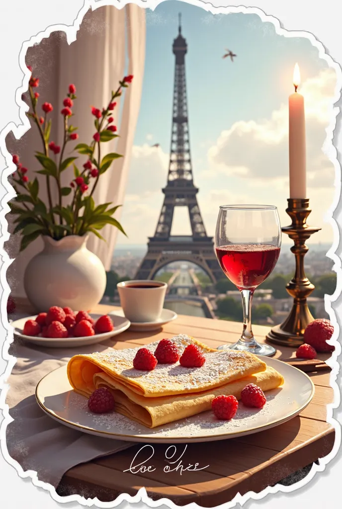  Sticker with realism details, photo style Glossy effect, glare, Crepes beautifully arranged on a plate, French charm, font in capital letters at the bottom FleUR_The_NuIT in a beautiful. Eiffel Tower and glass of wine.chocolate Scented candle.