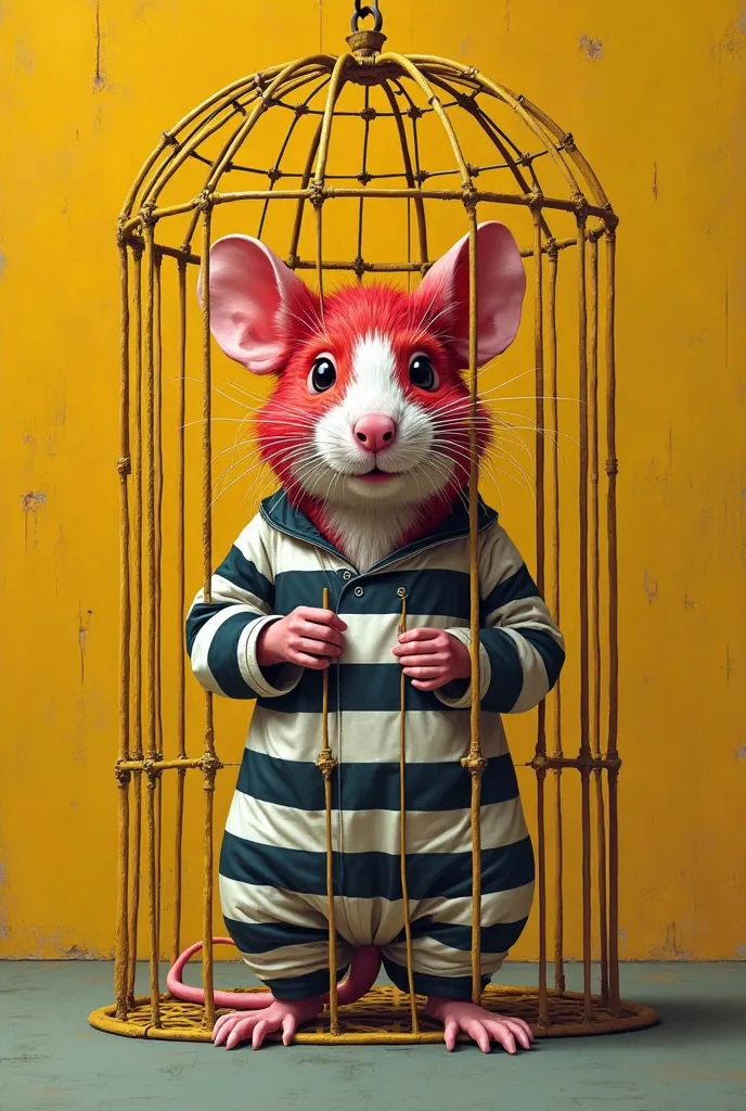 A rat wearing a prison suit instead of black and white its red and white and in a yellow octagon cage 