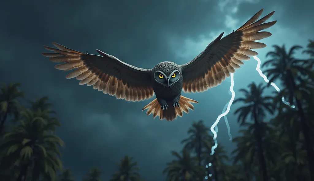 "A wise owl flying gracefully through a dark, stormy sky, its sharp eyes glowing as it guides a lost parrot. The owl's wings are outstretched, moving smoothly without flapping. The parrot follows closely, learning from the owl’s calm movement. The backgrou...