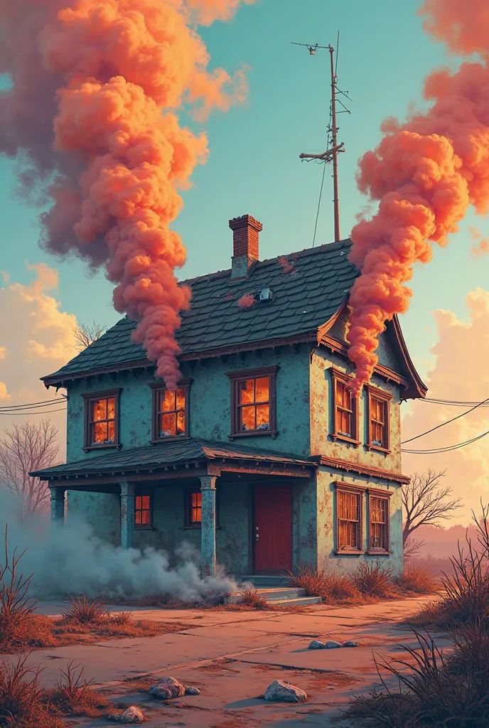 MAKE A MUSICAL COVER FOR RAP INSPIRED BY THE COVERS OF DETROIT RAP WITH A TRAP HOUSE MAKE A LOT OF SMOKE COME OUT OF THE HOUSE THROUGH THE WINDOWS AND DOORS , DO THE WHOLE CARTOON IN CARTOON STYLE