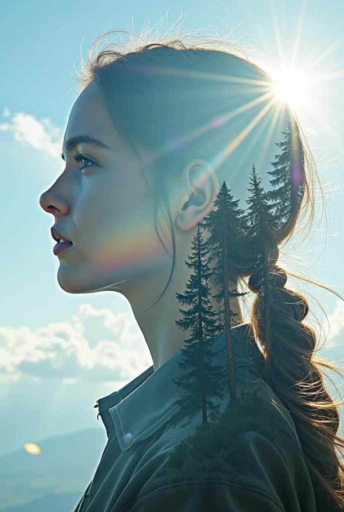 (Need)), ((tmasterpiece)), (A detailed), Close-up portrait of a transparent girl composed of mountain forest steppe,Sky rainbow background，Detail rainbow,blue-sky，（Doubleexposure：1.3），photography of：Brandon Woelfelmist，Surreal dreams，Surrealist art fantasy...