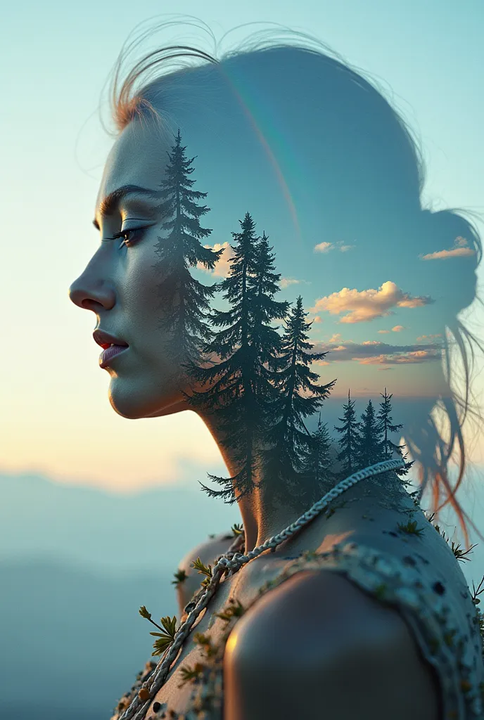 (Need)), ((tmasterpiece)), (A detailed), Close-up portrait of a transparent girl composed of mountain forest steppe,Sky rainbow background，Detail rainbow,blue-sky，（Doubleexposure：1.3），photography of：Brandon Woelfelmist，Surreal dreams，Surrealist art fantasy...