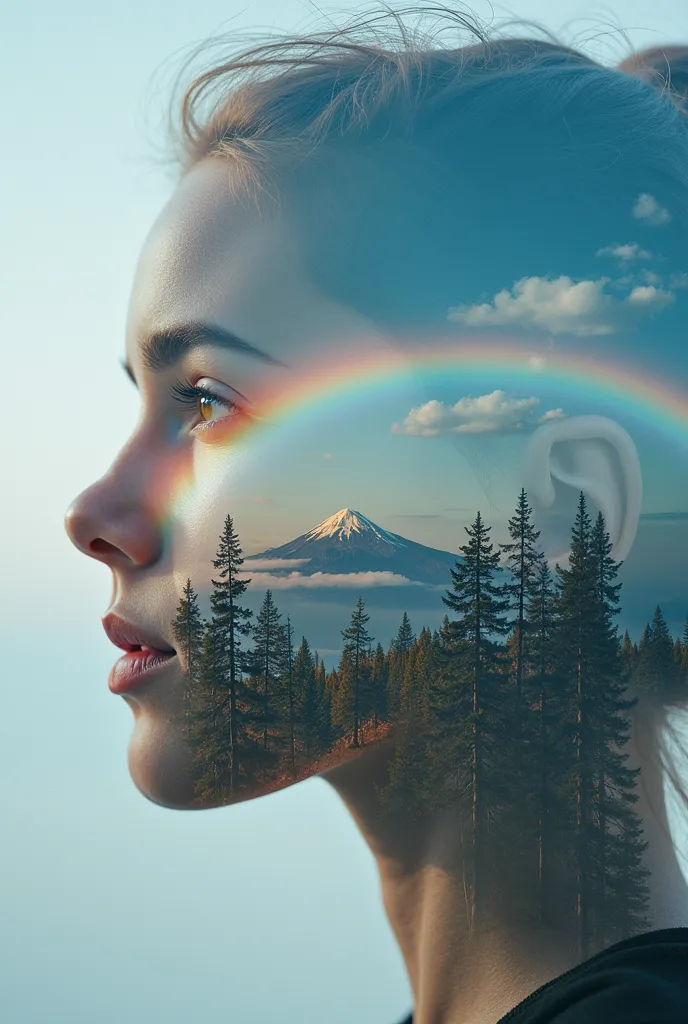 (Need)), ((tmasterpiece)), (A detailed), Close-up portrait of a transparent girl composed of mountain forest steppe,Sky rainbow background，Detail rainbow,blue-sky，（Doubleexposure：1.3），photography of：Brandon Woelfelmist，Surreal dreams，Surrealist art fantasy...