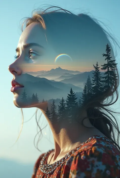 (Need)), ((tmasterpiece)), (A detailed), Close-up portrait of a transparent girl composed of mountain forest steppe,Sky rainbow background，Detail rainbow,blue-sky，（Doubleexposure：1.3），photography of：Brandon Woelfelmist，Surreal dreams，Surrealist art fantasy...