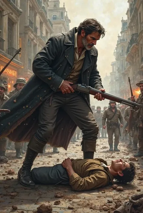 J Valjean protects Marius Mayor on the barricades 