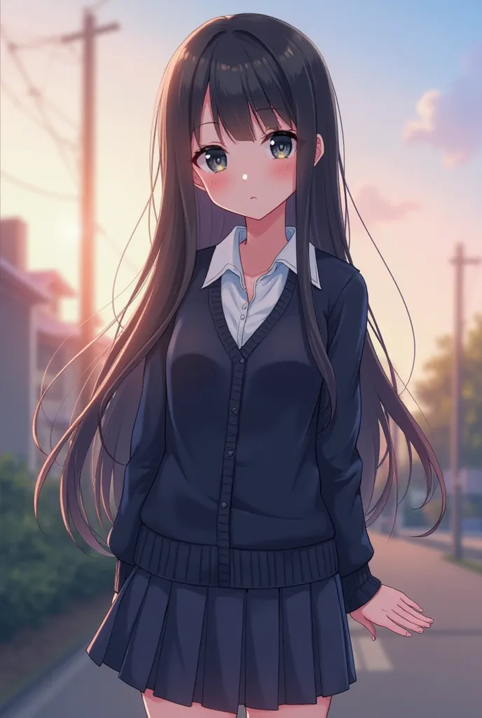 Draw an anime 17-year-old girl with black eyes and black hair. in a shirt, cardigan and skirt. High school uniform. Early dawn background 