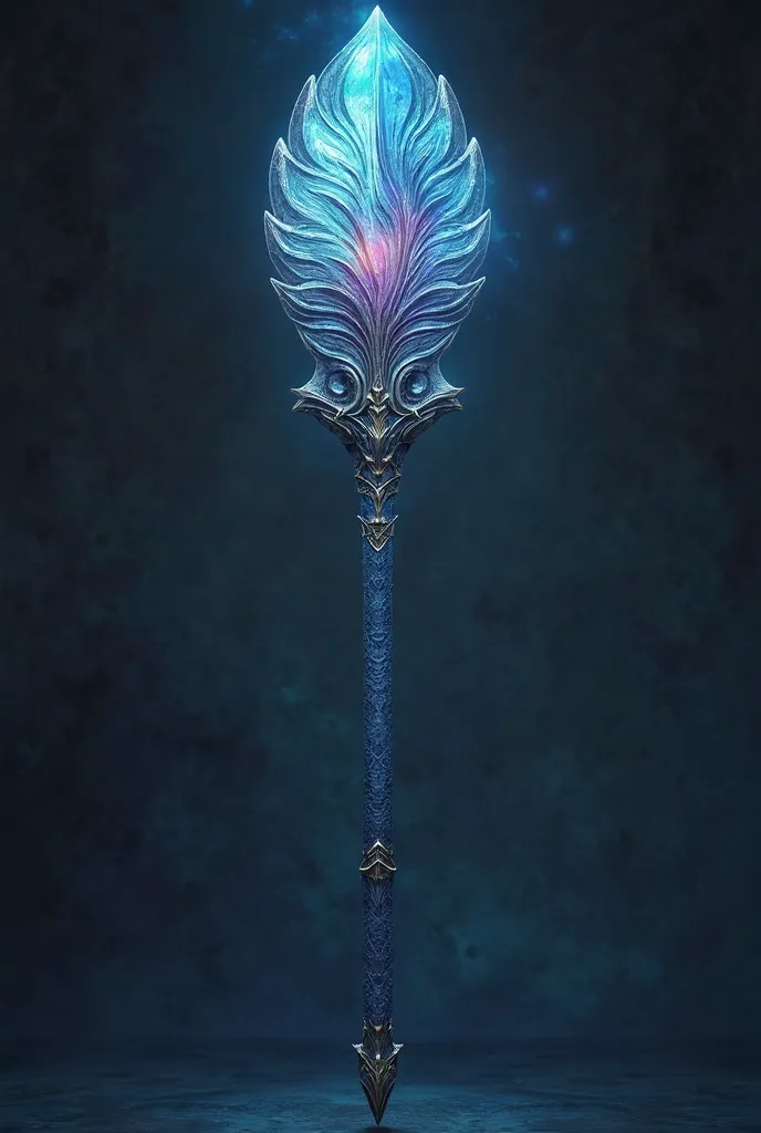 Magic weapon, spear with shell blade, blue handle, glitters slightly, rough edge on the handle of the weapon, fantasy, DnD, artifact, blueprint, one meter shaft 50
