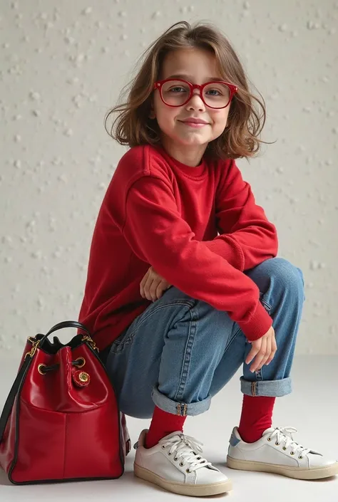 photo réaliste, haute résolution ; adolescente de 16 ans, elle est petite et avec une taille fine ; elle porte des lunettes de forme circulaire dont les montures sont très fines et de couleur dorée ; elle a tous les ongles peints en rouge, elle a une bague...